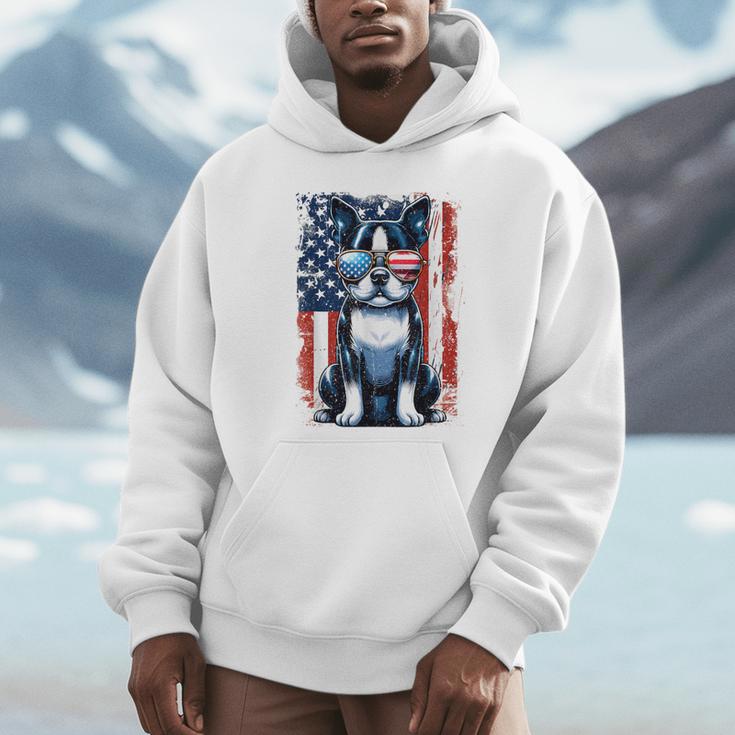 Boston Terrier Dog American USA US Flag Pets Vintage Outfit Unisex Hoodie, novelty gifts, funny gifts