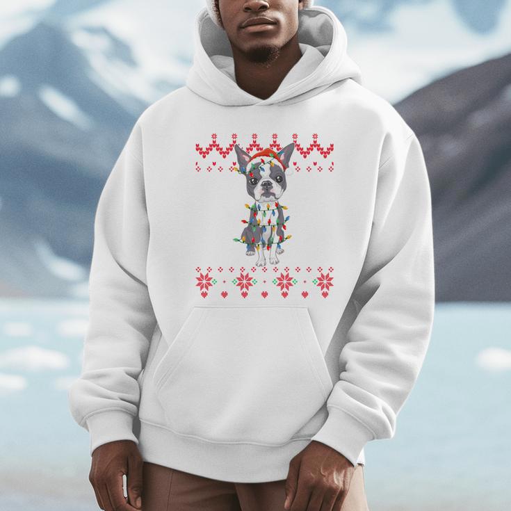 Boston Terrier Dog Santa Hat Men Kids Ugly Christmas Light Unisex Hoodie, novelty gifts, funny gifts