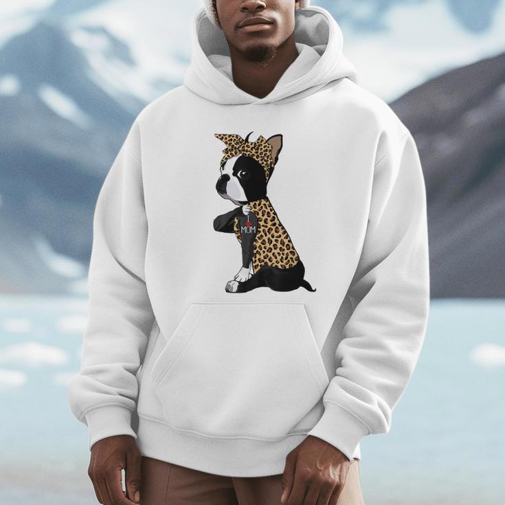 Boston Terrier Lover I Love Mom Tattoo Leopard Unisex Hoodie, novelty gifts, funny gifts