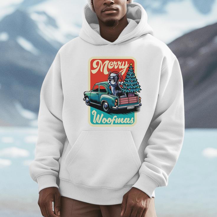 Boston Terrier Merry Christmas Tree Truck Santa Dog X-Mas Unisex Hoodie, novelty gifts, funny gifts