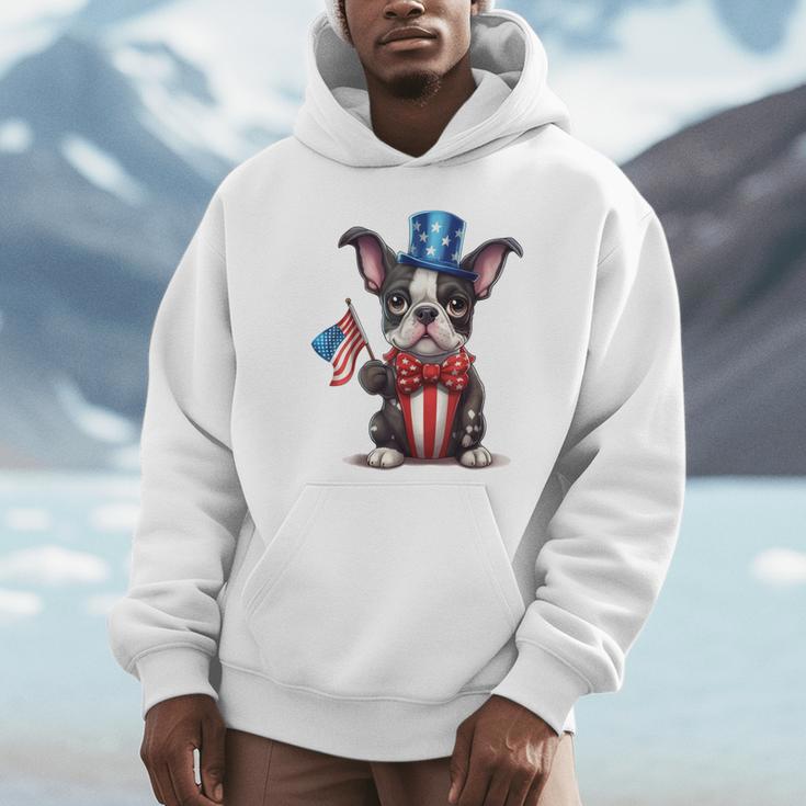 Boston Terrier Puppy Dog Holds His American Flag 4th Of July Unisex Hoodie, novelty gifts, funny gifts