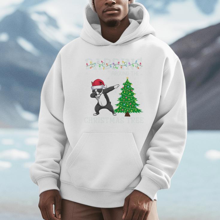 Boston Terrier Santa Hat Dabbing Around The Christmas Tree Unisex Hoodie, novelty gifts, funny gifts