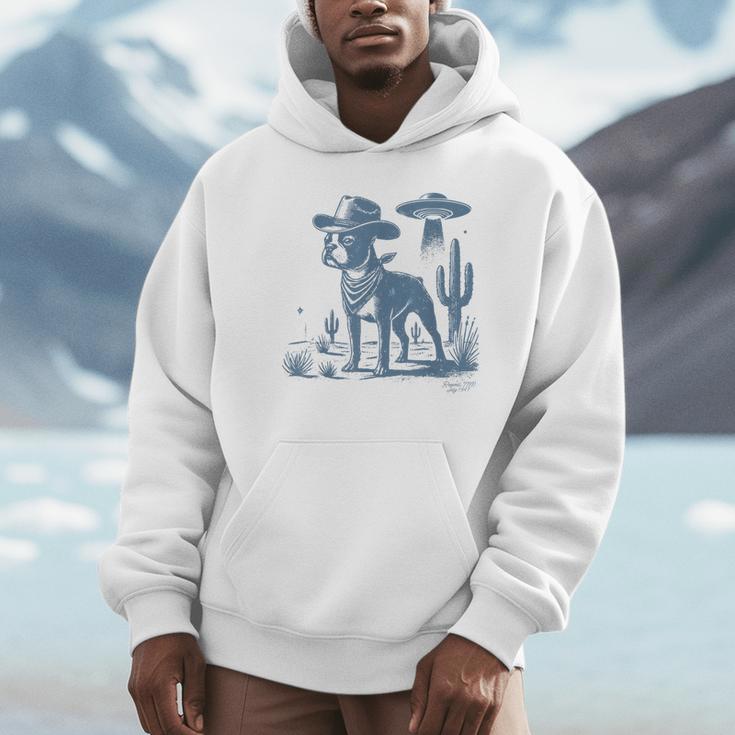Boston Terrier UFO Cowboy Dog Dog Mom Dog Dad Alien Dog Unisex Hoodie, novelty gifts, funny gifts