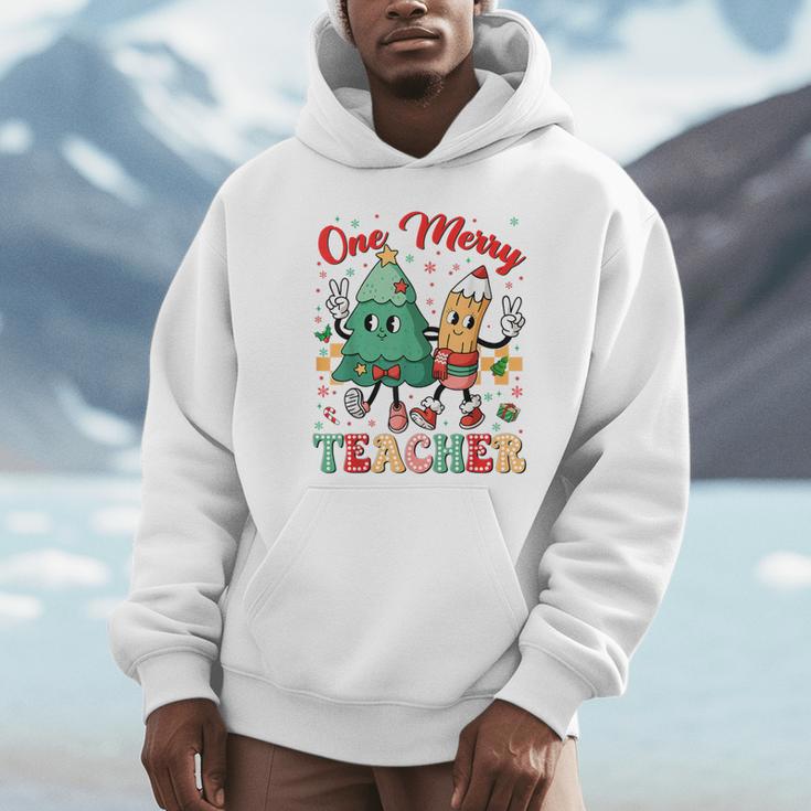One Merry Teacher Groovy Christmas Tree Pjs Xmas Teacher Unisex Hoodie, novelty gifts, funny gifts One Merry Teacher Groovy Christmas Tree Pjs Xmas Teacher Unisex Hoodie, novelty gifts, funny gifts