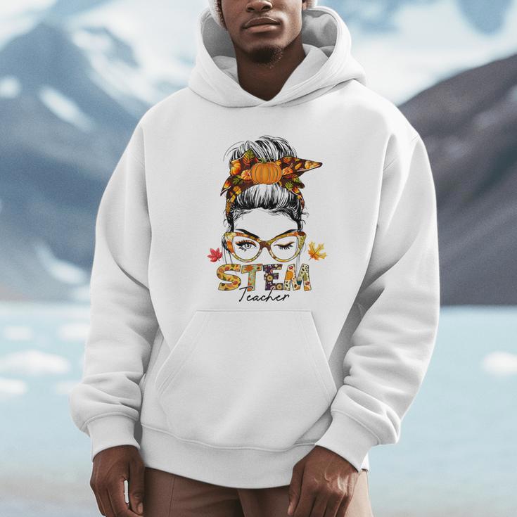 STEM Teacher Messy Bun Fall Vibes Autumn Thanksgiving Men Women Unisex Hoodie, novelty gifts, funny gifts