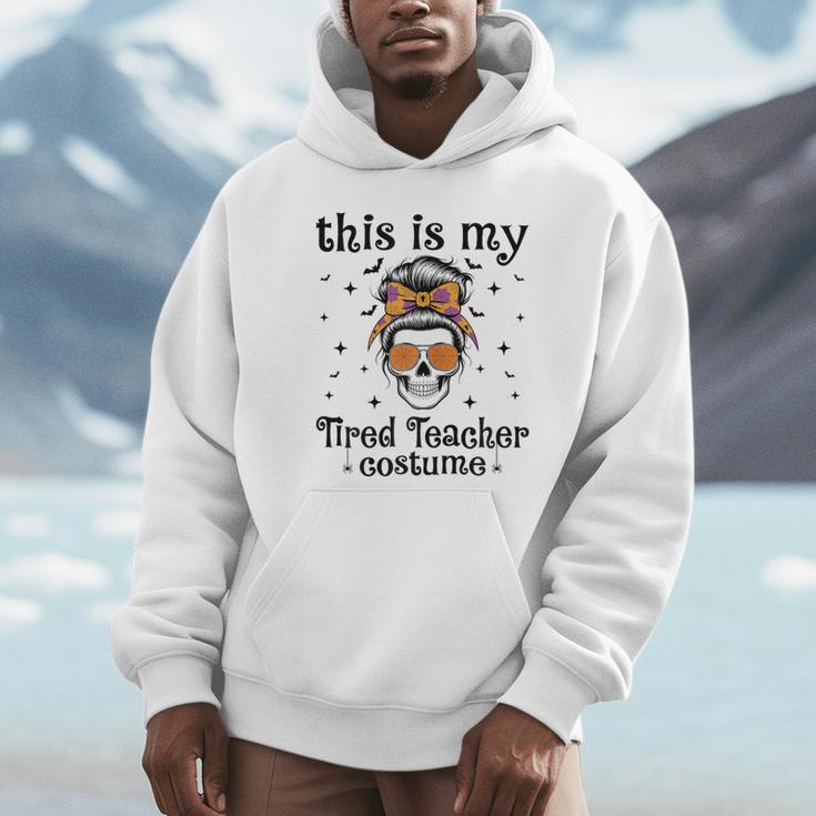 This Is My Tired Teacher Costume Skull Halloween Messy Bun Unisex Hoodie, novelty gifts, funny gifts