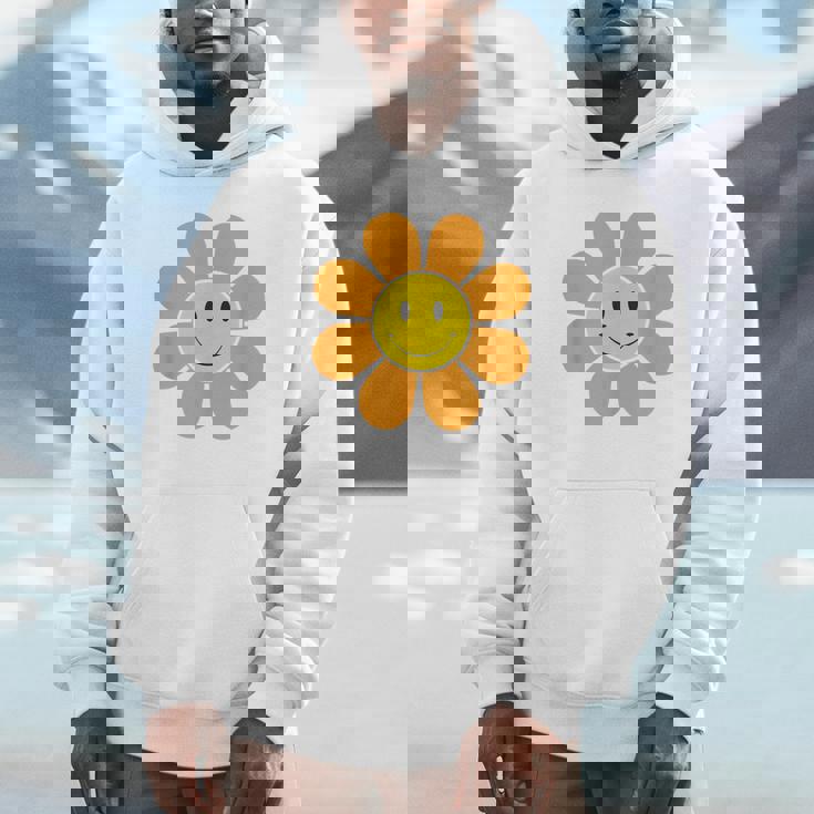 オレンジ70年代レトロファンキーフラワー、イエロースマイルフェイス パーカー