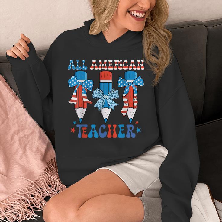 All American Teacher Pencil Coquette Bow USA Flag Teachers Unisex Hoodie, funny design