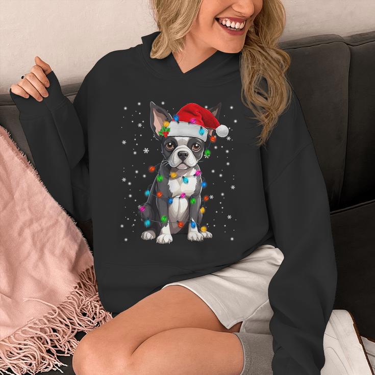 Boston Terrier Christmas Santa Hat Tree Lights Pajama Unisex Hoodie, Boston Terrier Christmas Gifts, funny design
