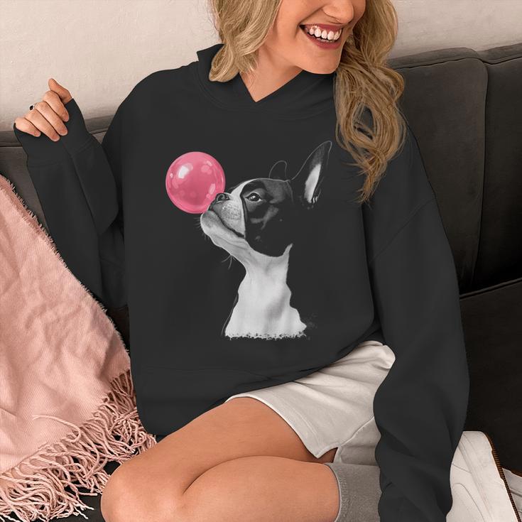Boston Terrier Dog Blowing Chewing Bubble Gum Pink Unisex Hoodie, funny design