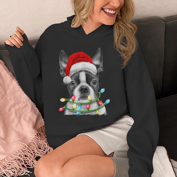 Boston Terrier Dog Santa Christmas Tree Lights Xmas Unisex Hoodie, Boston Terrier Christmas Gifts, funny design