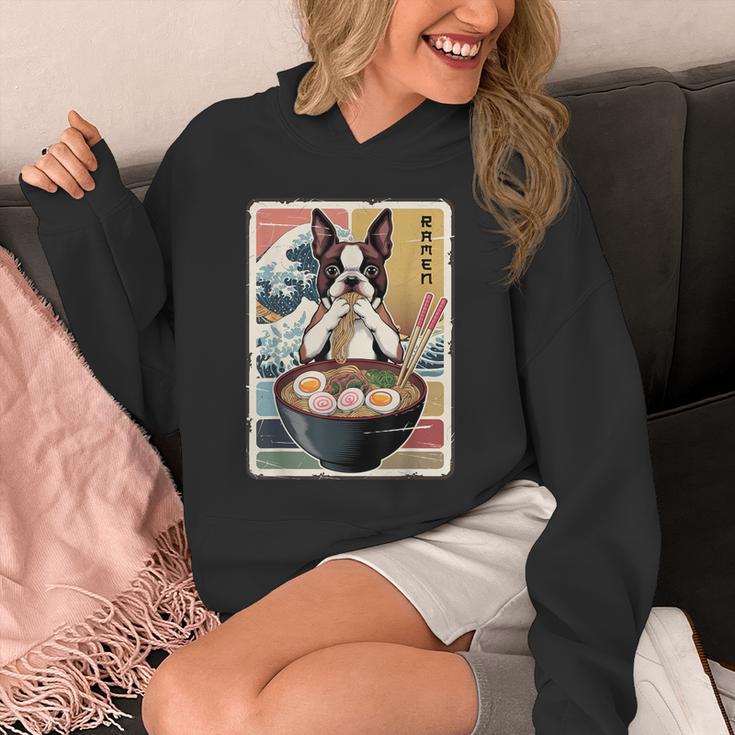 Boston Terrier Ramen Noodles Japanese Art Retro Ocean Waves Unisex Hoodie, funny design