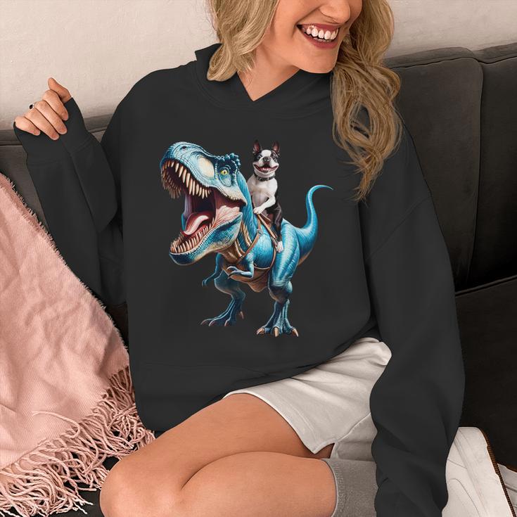 Boston Terrier Riding T-Rex Dinosaur Dog Lover Unisex Hoodie, Boston Terrier Riding Gifts, funny design
