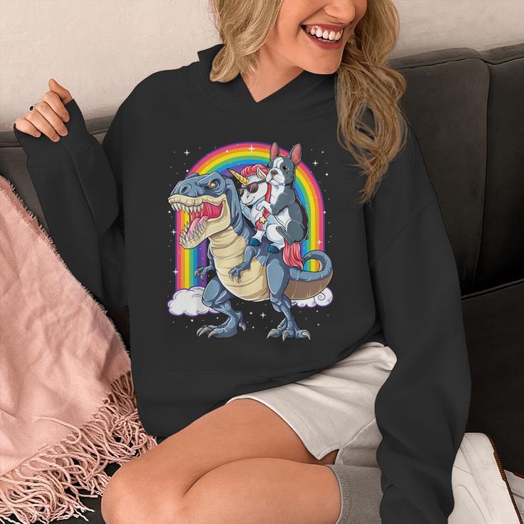 Boston Terrier Unicorn Riding Dinosaur T-Rex Girls Rainbow Unisex Hoodie, Boston Terrier Riding Gifts, funny design