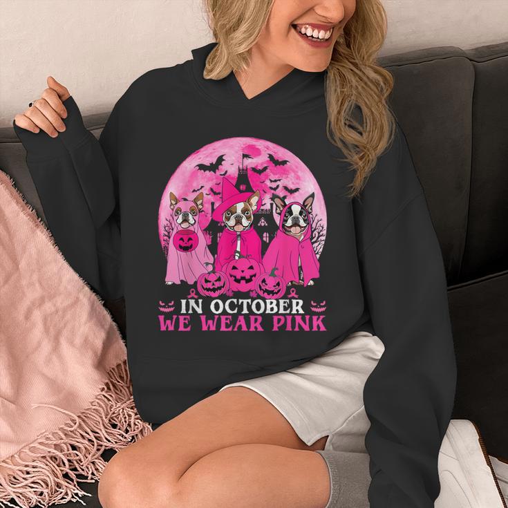Ghost And Witch Boston Terrier Dog In October We Wear Pink Unisex Hoodie, Boston Terrier Ghost Gifts, funny design