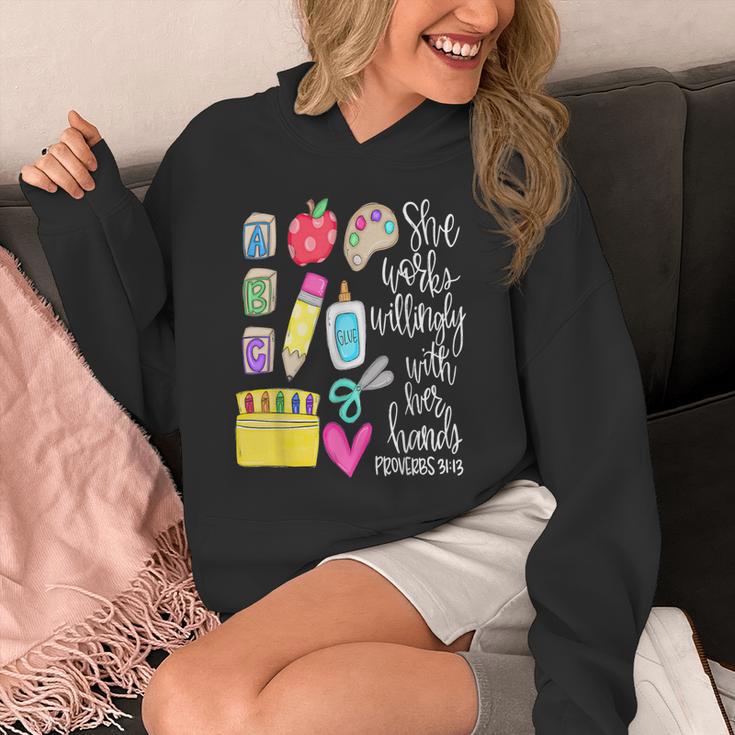 She Works Willingly With Her Hands Proverbs Daycare Teacher Men Women Unisex Hoodie, funny design She Works Willingly With Her Hands Proverbs Daycare Teacher Men Women Unisex Hoodie, funny design