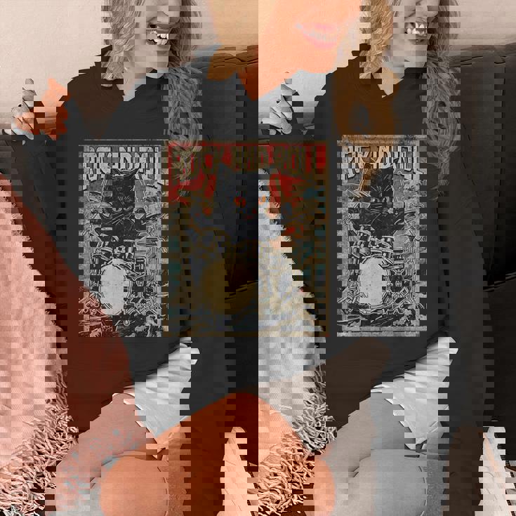 猫 演奏 ドラム ロック オン ヴィンテージ ロック ドラマー 猫 長袖tシャツ パーカー