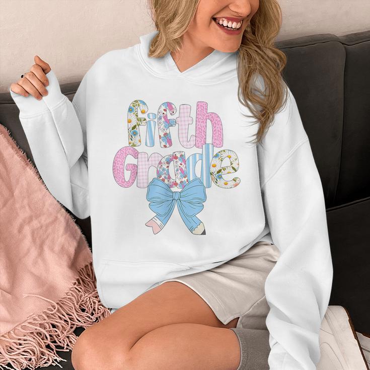 Preppy Fifth Grade Teacher Blue Floral Coquette Pencil Bow Unisex Hoodie, funny design