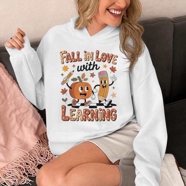 Retro Fall In Love With Learning Autumn Pumpkin Teacher Kids Unisex Hoodie, funny design