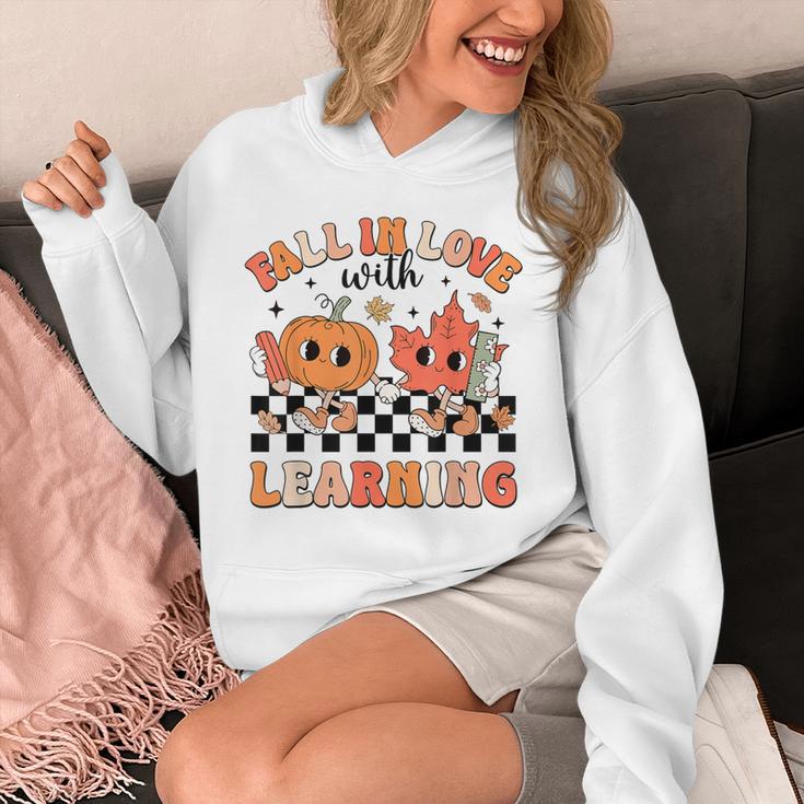 Retro Fall In Love With Learning Autumn Pumpkin Teacher Unisex Hoodie, funny design Retro Fall In Love With Learning Autumn Pumpkin Teacher Unisex Hoodie, funny design