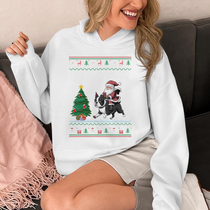 Ugly Christmas Tree Lights Xmas Santa Riding Boston Terrier Unisex Hoodie, Boston Terrier Christmas Gifts, Boston Terrier Riding Gifts, funny design