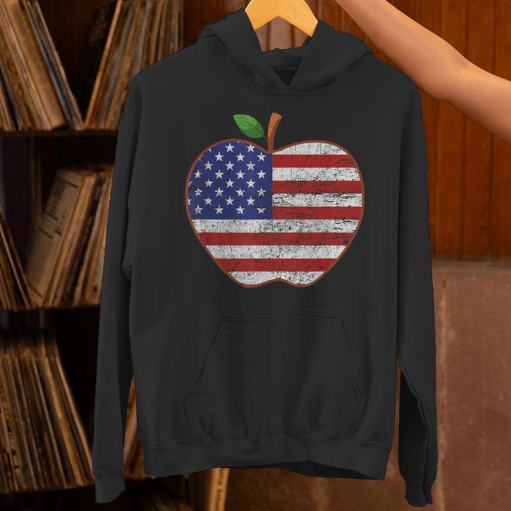 American Flag Teachers Students Apple 4th Of July Vintage Unisex Hoodie, gift for family, gift for coworker