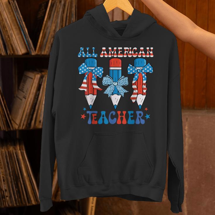 All American Teacher Pencil Coquette Bow USA Flag Teachers Unisex Hoodie, gift for family, gift for coworker