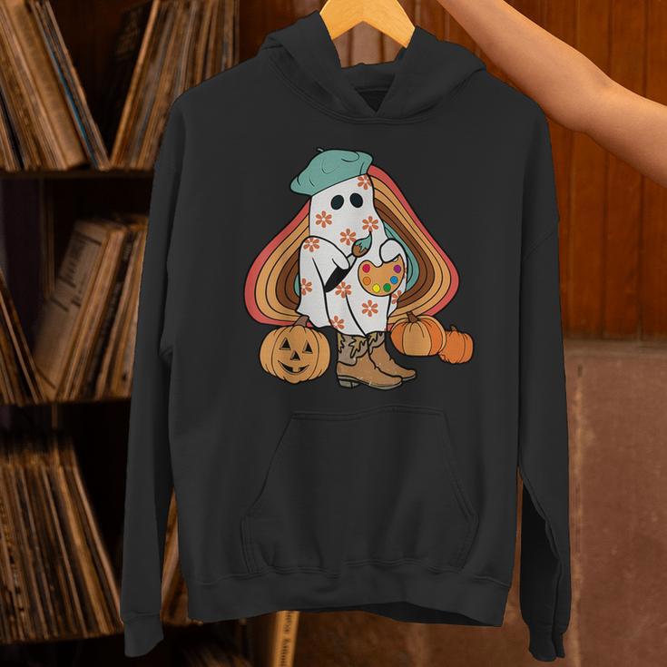 Art Teacher Painting Brushes Retro Pumpkin Ghost Artist Unisex Hoodie, gift for family, gift for coworker