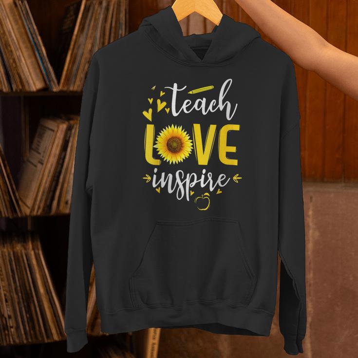 Back To School Teach Love And Inspire Teacher Sunflower Unisex Hoodie, gift for family, gift for coworker