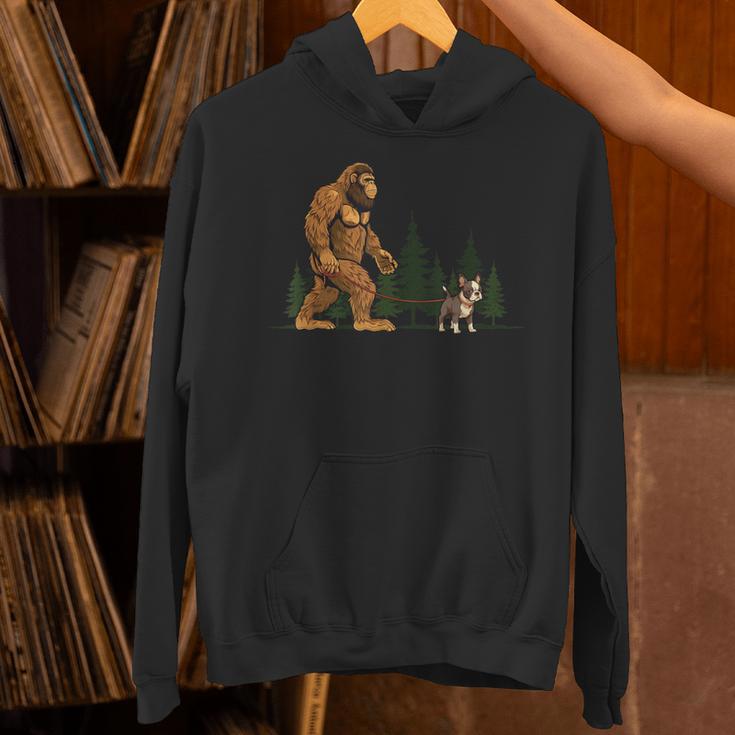 Boston Terrier Bigfoot Dog Walking Dog Mom Dad Kids Unisex Hoodie, Boston Terrier Mom Hoodies, Boston Terrier Dad Hoodies, gift for family, gift for coworker