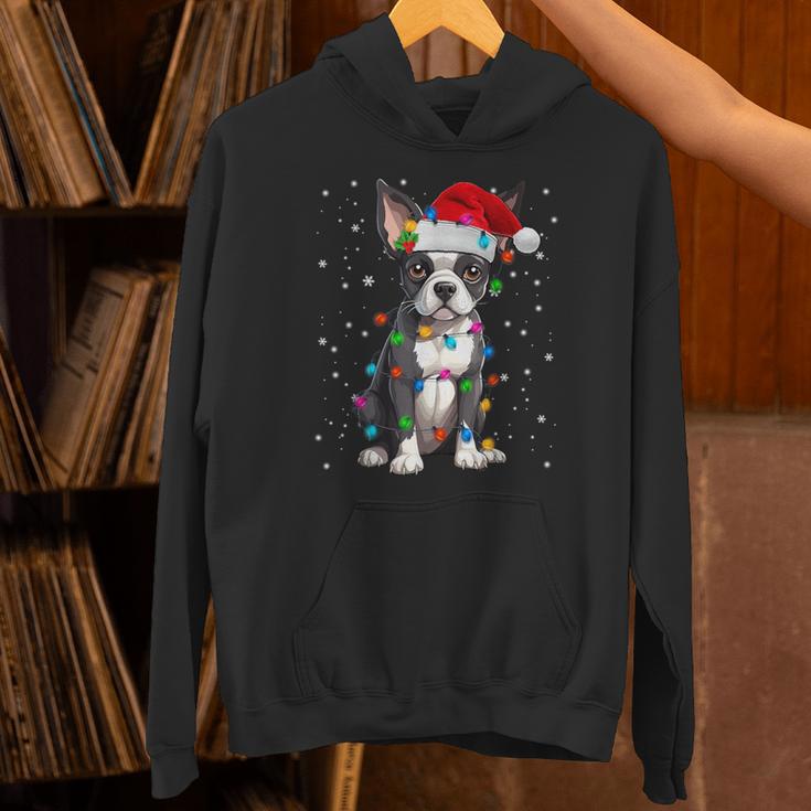 Boston Terrier Christmas Santa Hat Tree Lights Pajama Unisex Hoodie, Boston Terrier Christmas Hoodies, gift for family, gift for coworker