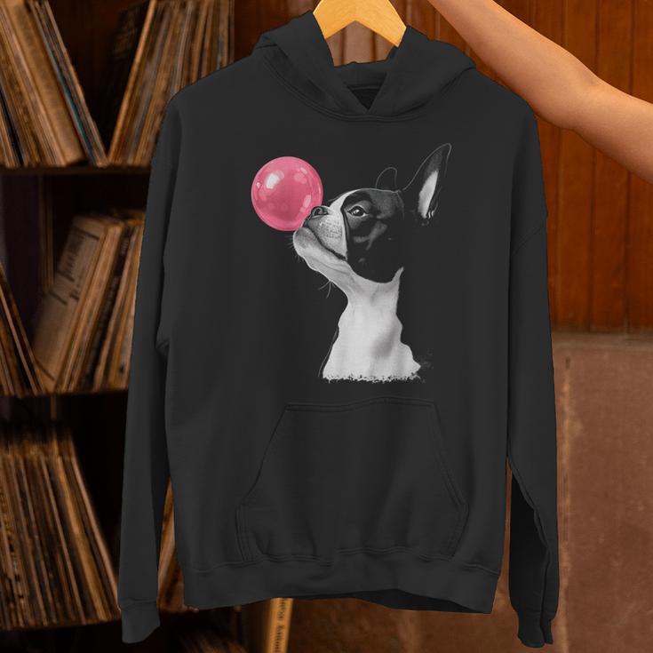 Boston Terrier Dog Blowing Chewing Bubble Gum Pink Unisex Hoodie, gift for family, gift for coworker