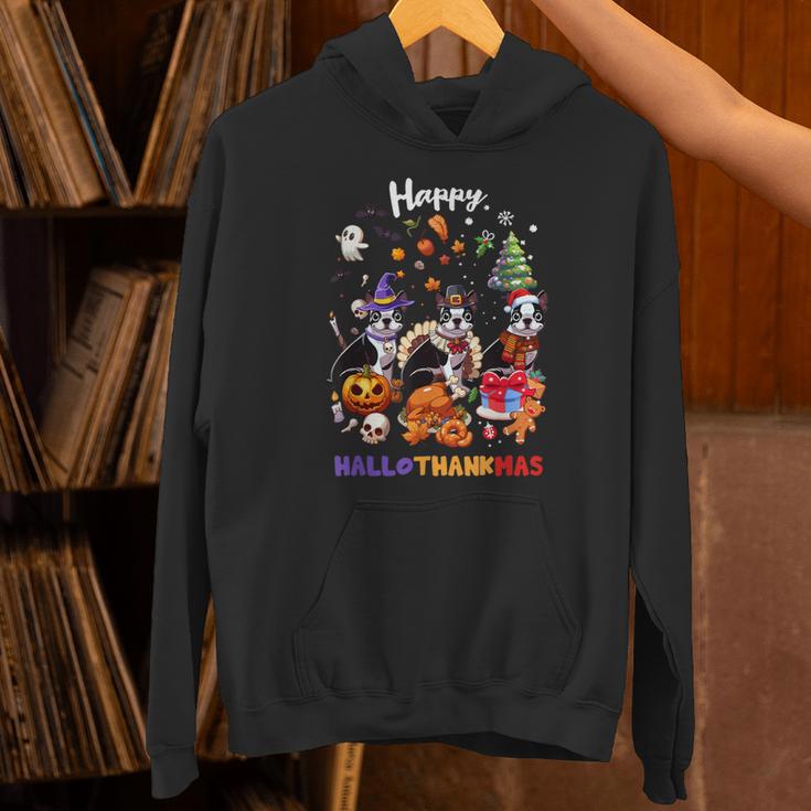 Boston Terrier Dog Christmas Happy Hallothankmas Halloween For Men Women Kids Unisex Hoodie, Boston Terrier Halloween Hoodies, Boston Terrier Christmas Hoodies, gift for family, gift for coworker
