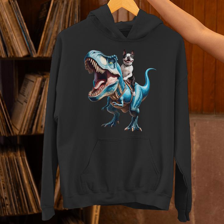 Boston Terrier Riding T-Rex Dinosaur Dog Lover Unisex Hoodie, Boston Terrier Riding Hoodies, gift for family, gift for coworker