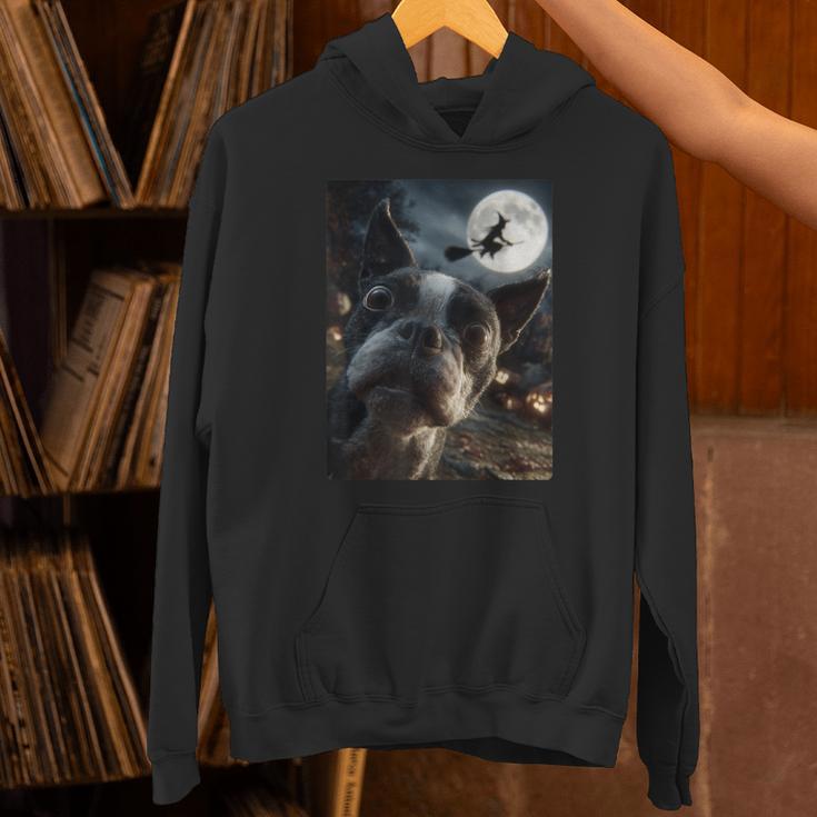 Boston Terrier Selfie Full Moon Flying Witch Halloween Dog Unisex Hoodie, Boston Terrier Halloween Hoodies, gift for family, gift for coworker