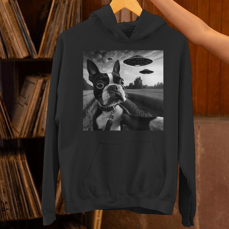 Boston Terrier Graphic Selfie With UFOs Weird Aliens Unisex Hoodie, gift for family, gift for coworker