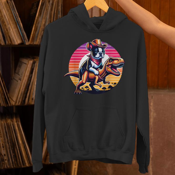 Boston Terrier Wearing A Cowboy Hat On T-Rex Unisex Hoodie, gift for family, gift for coworker