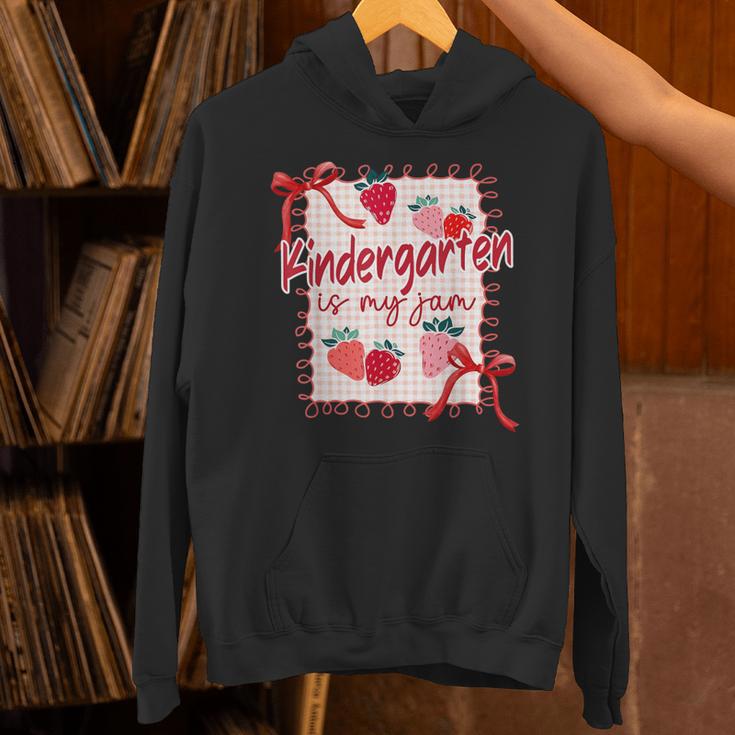 Bow Strawberry Kindergarten Is My Jam Teacher Kinder Team Unisex Hoodie, gift for family, gift for coworker Bow Strawberry Kindergarten Is My Jam Teacher Kinder Team Unisex Hoodie, gift for family, gift for coworker