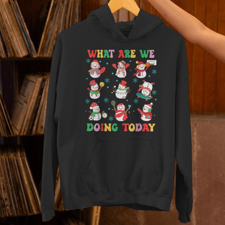 What Are We Doing Today PE Teacher Snowman Christmas Unisex Hoodie, Pe Teacher Hoodies, gift for family, gift for coworker
