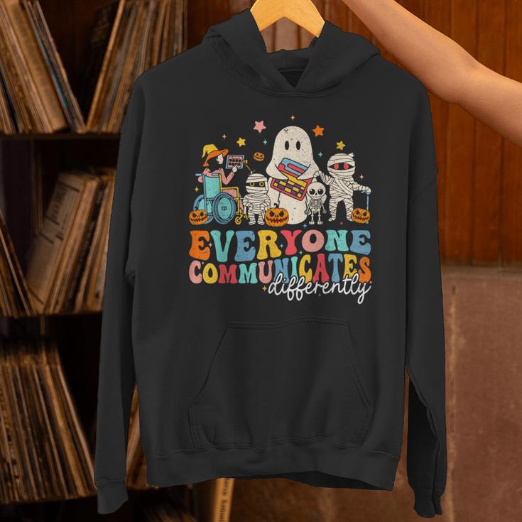 Everyone Communicates Differently Halloween SLP Sped Teacher Unisex Hoodie, gift for family, gift for coworker