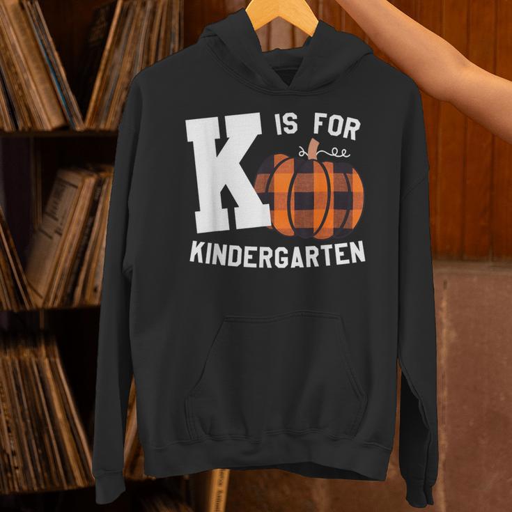 Fall Kindergarten Teacher K Is For Buffalo Plaid Pumpkin Unisex Hoodie, gift for family, gift for coworker Fall Kindergarten Teacher K Is For Buffalo Plaid Pumpkin Unisex Hoodie, gift for family, gift for coworker