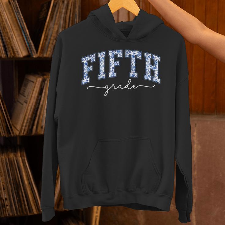 Fifth Grade Coquette Toile Blue Bow Floral Women Teacher Unisex Hoodie, gift for family, gift for coworker