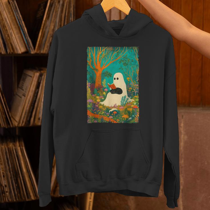 Groovy Ghost Reading Book Cat Halloween Ghost Teacher Unisex Hoodie, Groovy Teacher Hoodies, gift for family, gift for coworker