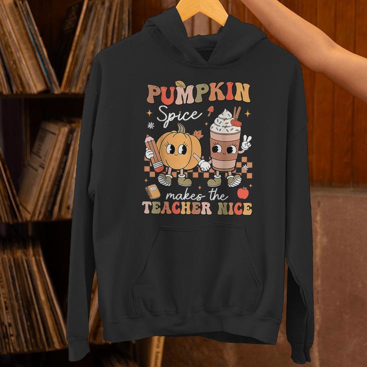 Pumpkin Spice Makes Teacher Nice Retro Fall Spooky Season Unisex Hoodie, gift for family, gift for coworker