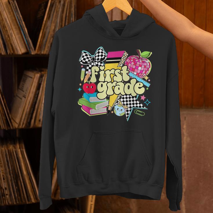 Retro First Grade Teacher Disco Ball Coquette Back To School Unisex Hoodie, First Grade Teacher Hoodies, gift for family, gift for coworker