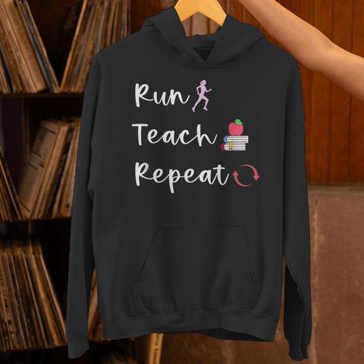 Run Teach Repeat Teacher Running Saying Slogan Runner Unisex Hoodie, gift for family, gift for coworker