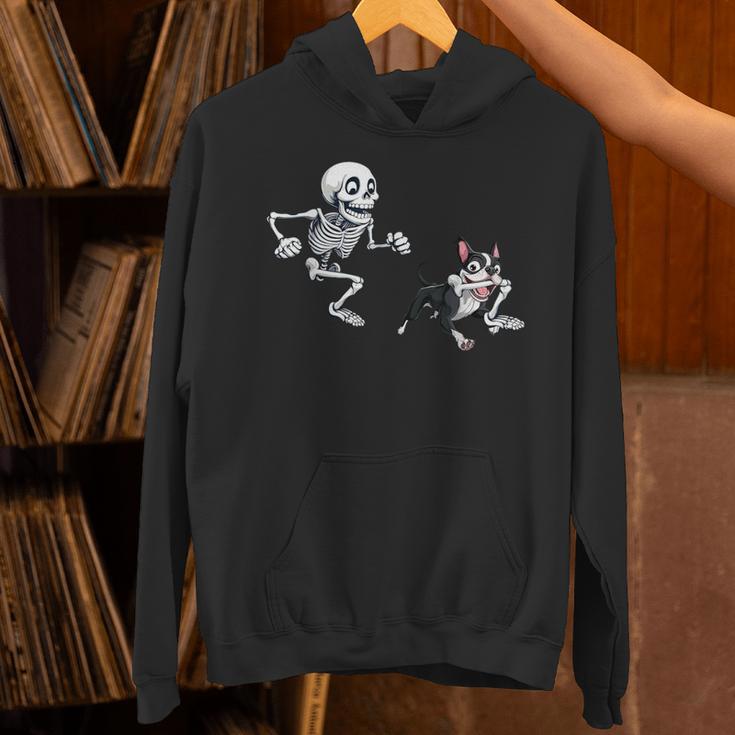 Skeleton Chasing Dog Boston Terrier Halloween Pet Lover Unisex Hoodie, Boston Terrier Halloween Hoodies, gift for family, gift for coworker