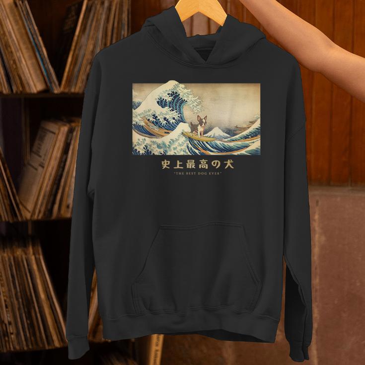 Surfing Boston Terrier Kanagawa Wave Japanese Dog For Men Women Kids Unisex Hoodie, gift for family, gift for coworker
