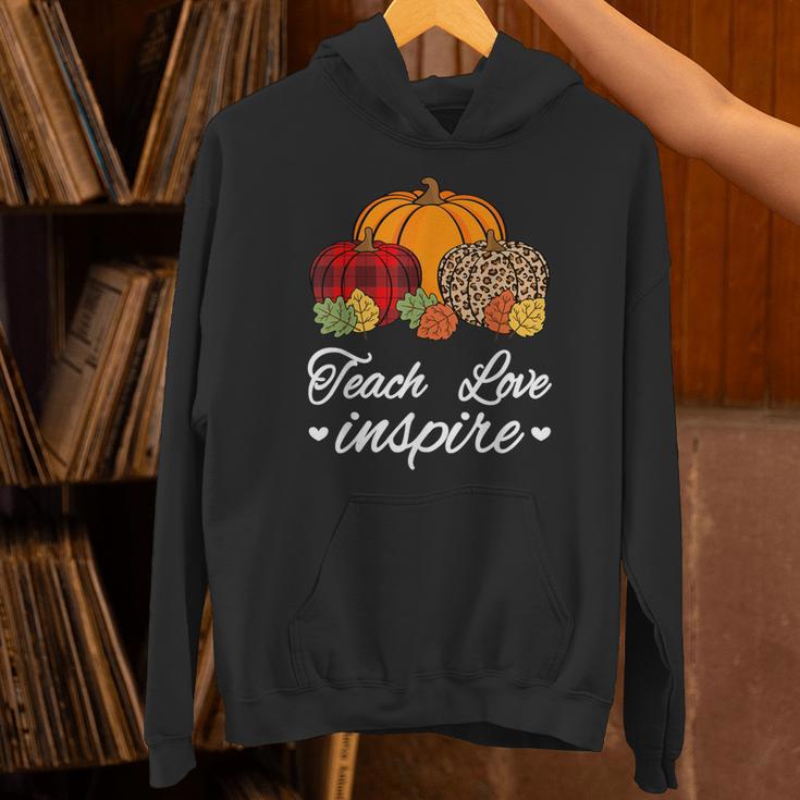 Teach Love Inspire Autumn Fall Plaid Leopard Pumpkin Teacher For Men Women Kids Unisex Hoodie, gift for family, gift for coworker