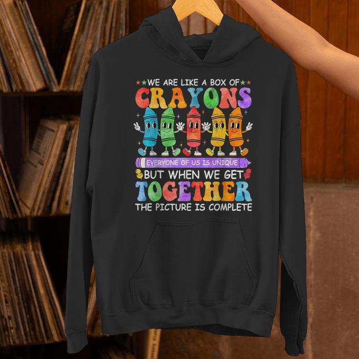 Teacher We Are Like A Box Of Crayons Back To School Men Women Kids Unisex Hoodie, gift for family, gift for coworker